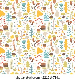 Vector seamless pattern of hand drawn branches, mushrooms, leaves, flowers, herb and acorns. Season flat illustration, fall, forest, park. Abstract background of cute autumn plants, botanical elements