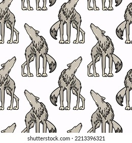 Vector Seamless Pattern With Hand Drawn Cute Howling Wolf. Ink Drawing, Graphic Style. Beautiful Wild Nature Design Elements. Perfect For Prints And Patterns