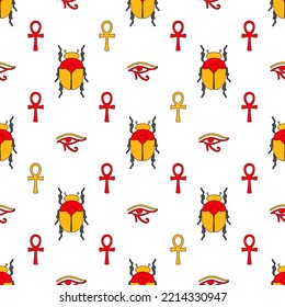 Vector seamless pattern with hand drawn colored symbols of Egypt . Pattern on the theme of travel and tourism. Background for use in design, packing, web site, fabric