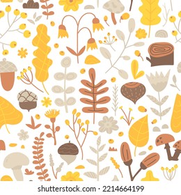 Vector seamless pattern of hand drawn flowers, leaves, branches, berries, mushrooms and acorns. Autumn illustration, fall, September, October and November atmosphere. Park, forest, grove with plants