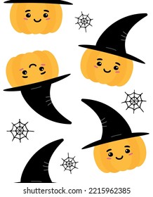 Vector seamless pattern of hand drawn flat halloween pumpkin with face and witch hat isolated on white background
