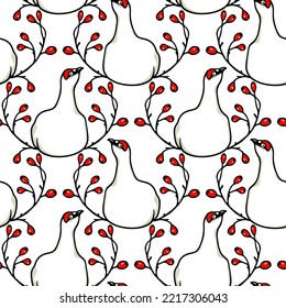 Vector seamless pattern with hand drawn sweet rock ptarmigan in floral barberry laurel. Ink drawing, graphic style. Beautiful northern nature design elements, perfect for prints and patterns