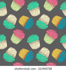Vector seamless pattern with hand drawn cupcakes