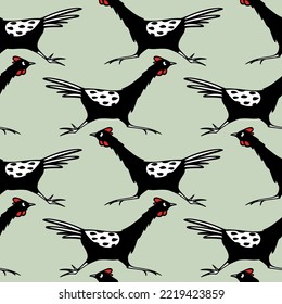 Vector seamless pattern with hand drawn funny chicken running hastily. Beautiful ink drawing, heavy contour, graphic style. Perfect for food or farming prints and patterns.