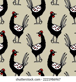 Vector seamless pattern with hand drawn cute funny chicken. Beautiful ink drawing, heavy contour, graphic style. Perfect for food or farming prints and patterns.