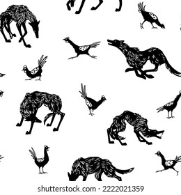 Vector seamless pattern with hand drawn funny skinny wolves hunting black chickens. Ink drawing, graphic style. Beautiful wild nature design elements. Perfect for prints and patterns