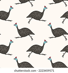 Vector seamless pattern with hand drawn running helmeted guinea fowls made in cartoon style. Ink drawing, graphic illustration, heavy contour. Beautiful design elements, perfect for prints