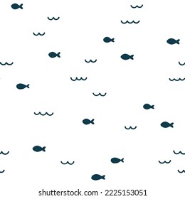 Vector seamless pattern with hand drawn waves and fish. Abstract background