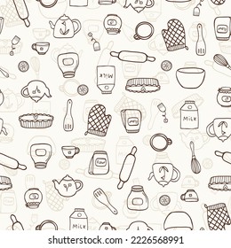 Vector seamless pattern with hand drawn food and kitchen items in doodle style. For home, kitchen textile, decoration, towel print, cover of cooking book, packaging design, template labels, gift paper