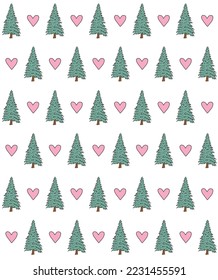 Vector seamless pattern of hand drawn sketch doodle spruce christmas tree and hearts isolated on white background