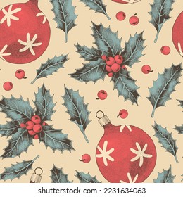 Vector seamless pattern with hand drawn holly