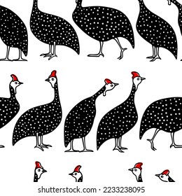 Vector seamless pattern with hand drawn funny helmeted guinea fowls made in cartoon style. Ink drawing, graphic illustration, heavy contour. Beautiful design elements, perfect for prints