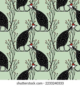 Vector seamless pattern with hand drawn funny guinea fowls in graceful floral laurel made in cartoon style. Ink drawing, graphic illustration. Beautiful design elements, perfect for prints