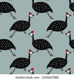 Vector seamless pattern with hand drawn running helmeted guinea fowls made in cartoon style. Ink drawing, graphic illustration, heavy contour. Beautiful design elements, perfect for prints