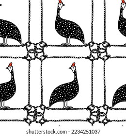 Vector seamless pattern with hand drawn cute guinea fowl in nautical rope frame made in cartoon style. Ink drawing, heavy contour. Beautiful design elements. Perfect for prints and patterns