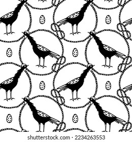 Vector seamless pattern with hand drawn cute funny chickens in nautical rope frames with spotted eggs. Beautiful ink drawing, graphic style. Perfect for food or farming prints and patterns.