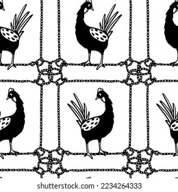 Vector seamless pattern with hand drawn cute funny chickens in nautical rope frames. Beautiful ink drawing, graphic style. Perfect for food or farming prints and patterns.