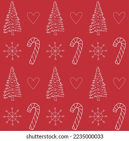 Vector seamless pattern of hand drawn sketch Christmas doodles isolated on red background