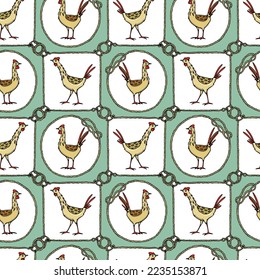 Vector seamless pattern with hand drawn cute funny chickens in nautical rope frames. Beautiful ink drawing, graphic style. Perfect for food or farming prints and patterns.