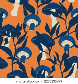 Vector seamless pattern. Hand drawn wild mushrooms and blue plant leaves on orange background. Cute print for textile, interior, fabric, wallpaper, banner, marketing, social media,