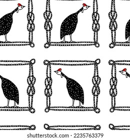 Vector seamless pattern with hand drawn cute guinea fowl in nautical rope frame made in cartoon style. Ink drawing, heavy contour. Beautiful design elements. Perfect for prints and patterns