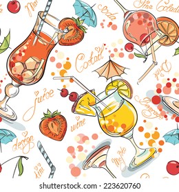 Vector seamless pattern with hand drawn cocktails and berries 
