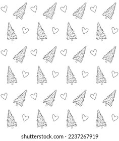 Vector seamless pattern of hand drawn sketch doodle outline spruce christmas tree and hearts isolated on white background