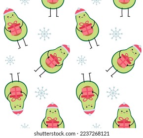 Vector seamless pattern of hand drawn flat Christmas avocado isolated on white background