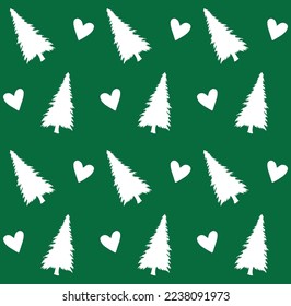 Vector seamless pattern of hand drawn sketch doodle spruce christmas tree and hearts isolated on green background