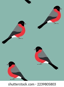 Vector seamless pattern of hand drawn flat bullfinch bird isolated on green background