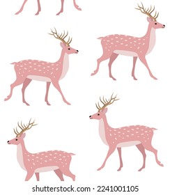 Vector seamless pattern of hand drawn flat pink deer isolated on white background