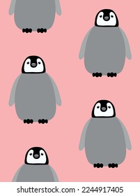 Vector seamless pattern of hand drawn flat baby penguin isolated on pink background