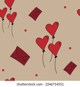 Vector. Seamless pattern with hand drawn envelope and heart shaped balloons. Cartoon background for Valentine's Day, Birthday, women's day and wedding design. Postcards, invitations, packaging.