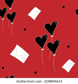Vector. Seamless pattern with hand drawn envelope and heart shaped balloons. Cartoon background for Valentine's Day, Birthday, women's day and wedding design. Postcards, invitations, packaging.