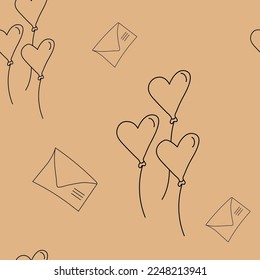 Vector. Seamless pattern with hand drawn envelope and heart shaped balloons. Cartoon background for Valentine's Day, Birthday, women's day and wedding design. Postcards, invitations, packaging.
