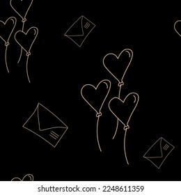 Vector. Seamless pattern with hand drawn envelope and heart shaped balloons. Cartoon background for Valentine's Day, Birthday, women's day and wedding design. Postcards, invitations, packaging.