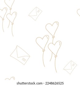 Vector. Seamless pattern with hand drawn envelope and heart shaped balloons. Cartoon background for Valentine's Day, Birthday, women's day and wedding design. Postcards, invitations, packaging.