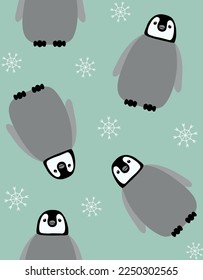 Vector seamless pattern of hand drawn flat baby penguin and snowflakes isolated on mint background