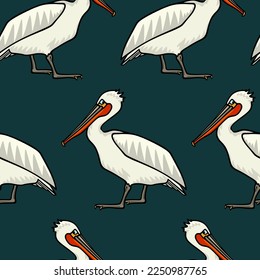 Vector seamless pattern with hand drawn graceful Dalmatian pelicans. Ink drawing, decorative graphic style. Beautiful animal design elements, perfect for prints and patterns