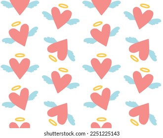 Vector seamless pattern of hand drawn flat heart with angel wings isolated on white background