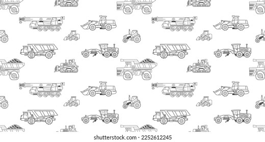 Vector seamless pattern. Hand drawn, doodle black and white construction and quarry machinery and heavy transport on an isolated background. Dump truck, grader, loader, tractor, bulldozer and crane.