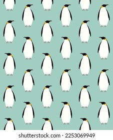 Vector seamless pattern of hand drawn flat emperor penguin isolated on mint background