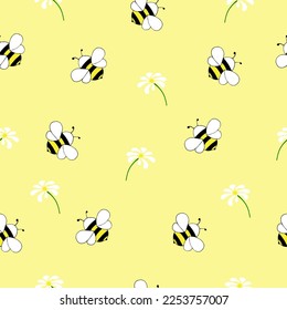 Vector seamless pattern with hand drawn honey bees and flowers, for textile, cover, background, walpaper