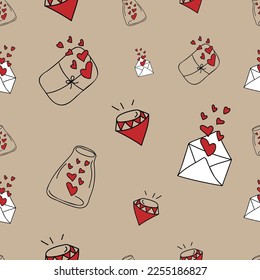 Vector. Seamless pattern with hand drawn envelope and gift box, diamonds. Cartoon style background for Valentine's Day, Birthday, Women's Day and wedding design. Wrapping paper, textile design.