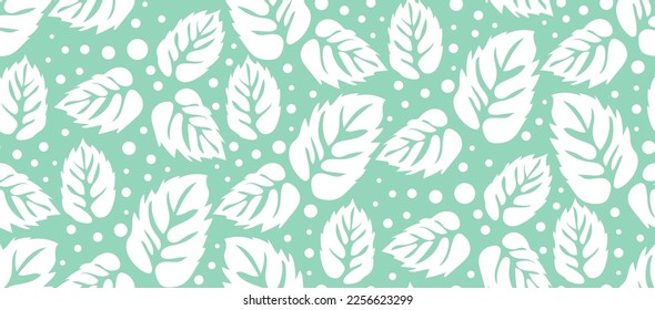 Vector seamless pattern of hand drawn mint leaves and dots. Illustration of botanical leaves background.