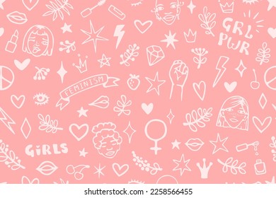 Patrón vectorial sin fisuras con elementos dibujados a mano sobre el tema del feminismo: rostros, puño alzado, lemas, símbolos, labios, corazones, ramas y estrellas.