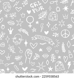 Vector seamless pattern with hand drawn elements on feminism theme: faces, raised fist, slogans, symbols, lips, hearts, branches and stars.
