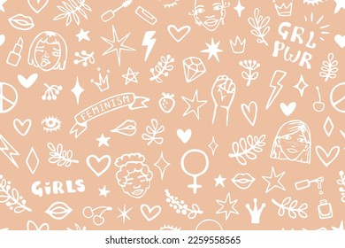 Vector seamless pattern with hand drawn elements on feminism theme: faces, raised fist, slogans, symbols, lips, hearts, branches and stars.