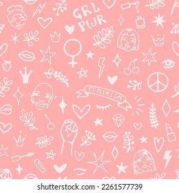 Vector seamless pattern with hand drawn elements on feminism theme: faces, raised fist, slogans, symbols, lips, hearts, branches and stars.