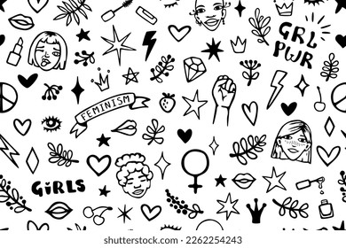 Vector seamless pattern with hand drawn elements on feminism theme: faces, raised fist, slogans, symbols, lips, hearts, branches and stars.